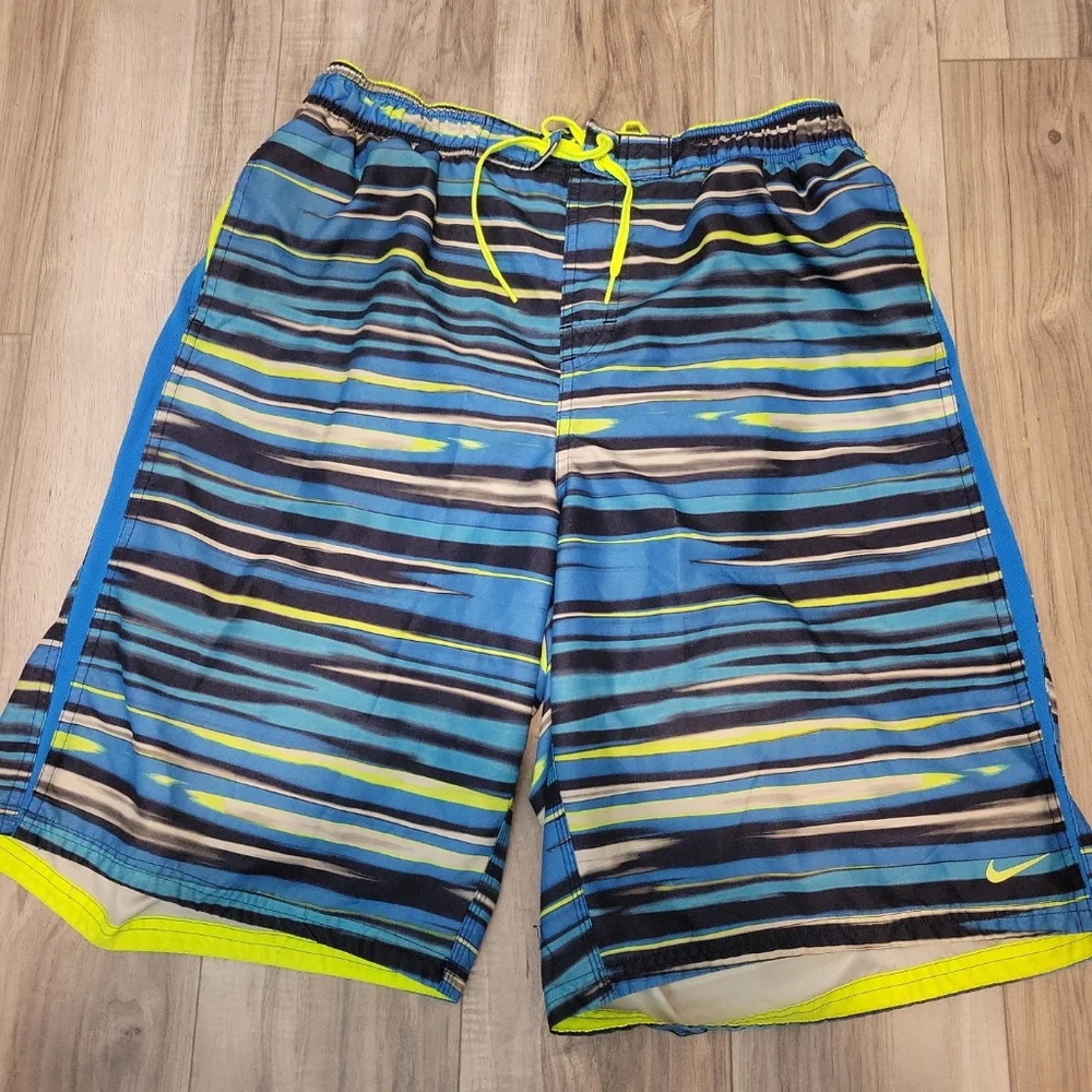 Nike Swim Trunks, Mens XL Board Shorts Mesh Lined,‎ Blue Neon Drawstring Waist